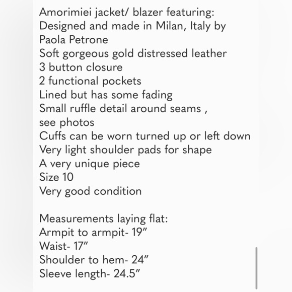 Amorimiei Milan Distressed Gold Leather Blazer with ruffle details, Size 10 - Picture 15 of 15